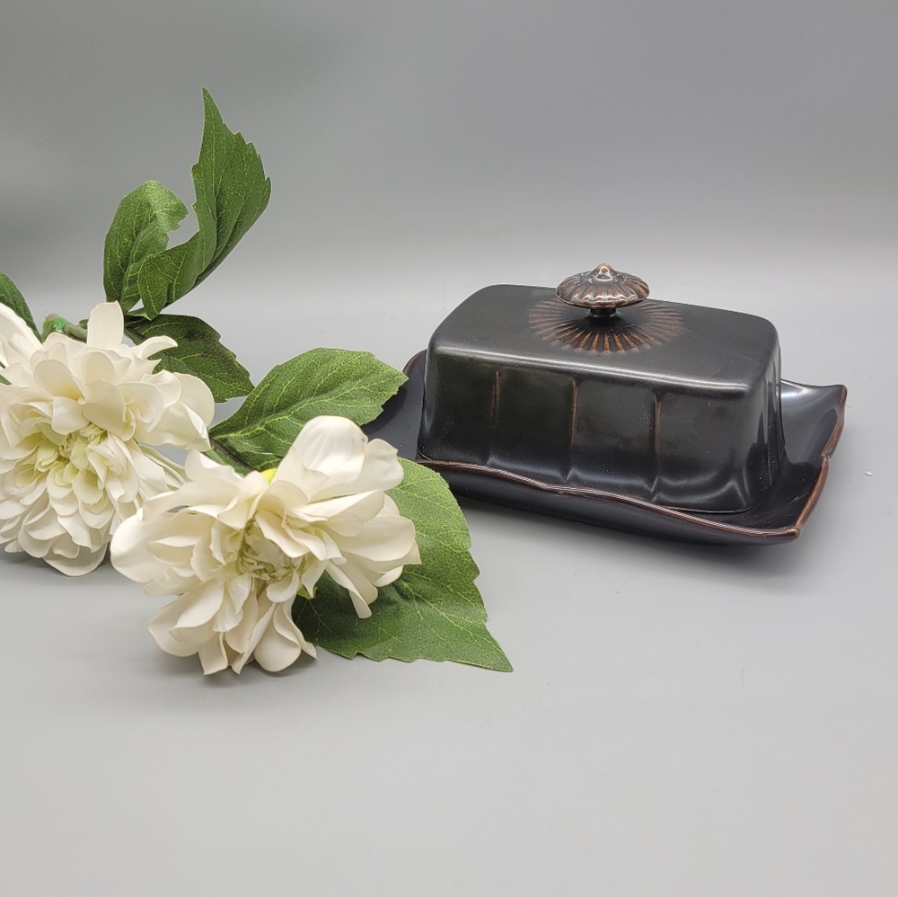 Elegant Handmade Ceramic Pottery Black Lotus Butter Dish, Butter Keeper